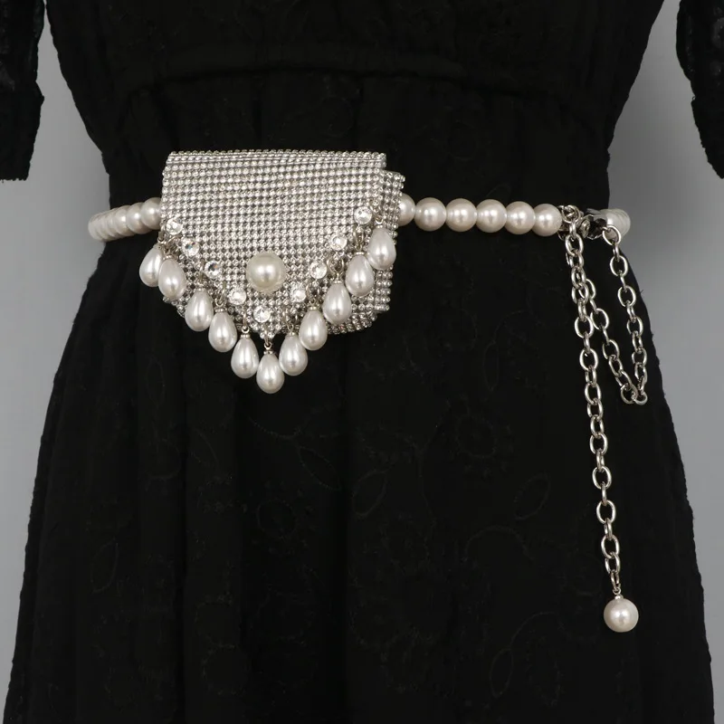 

Bling Pearl Chain Waist Belt with Key Bag Full Rhinestone Waist Packs with Pearl Trassel Women Cute Flap Mini Crystal Fanny Pack
