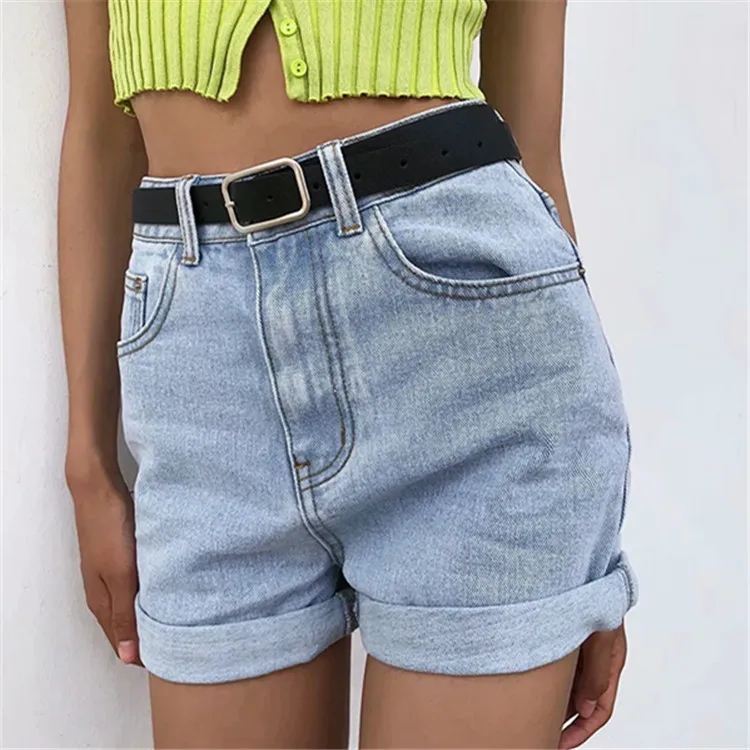 Women Vintage Sexy High Waist Khaki Denim Shorts Slim Fit Belt Shorts Summer Bottoms Fashion New Zipper Pockets All-Match Street