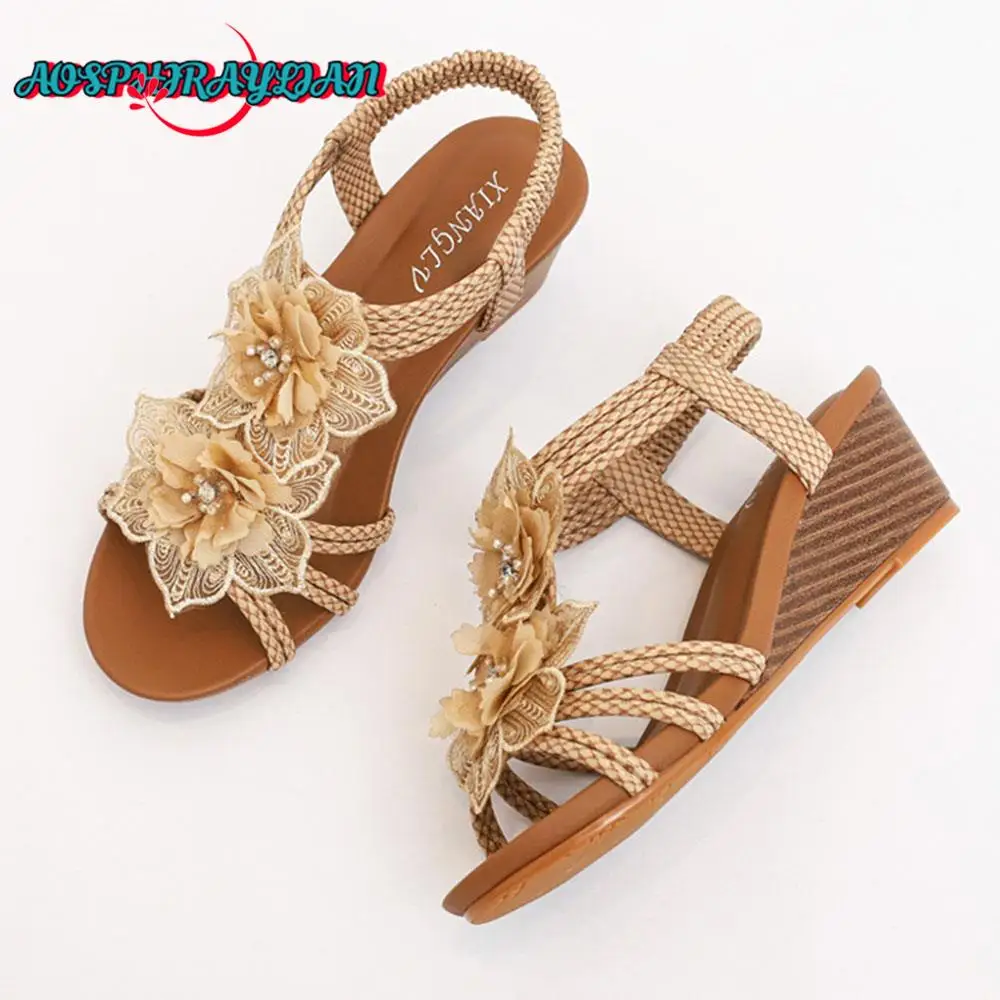 

2023 Women's New Leisure Ethnic Retro Roman Wedges Sandals Bohemian Flower Comfy Walk Summer High Shoes