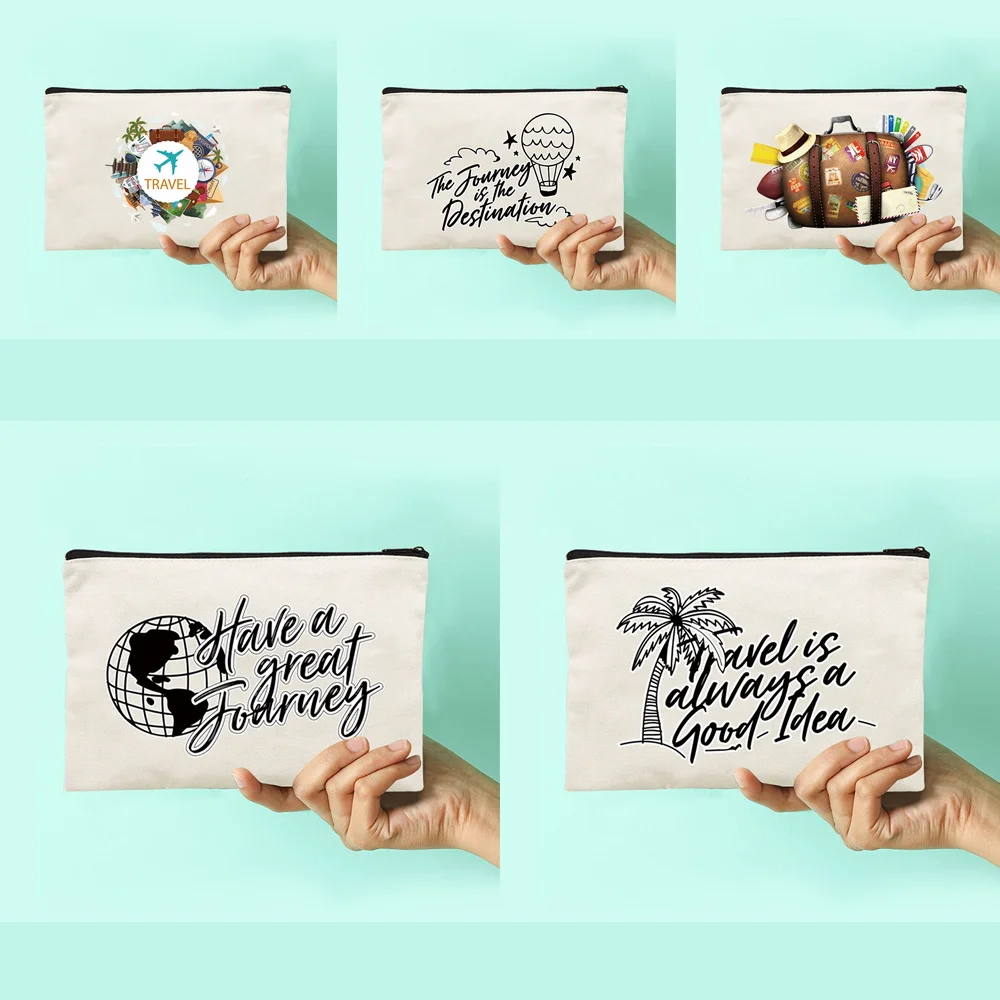 

Women Canvas Makeup Bag Travel Series Pattern Makeup Organizer Travel Cosmetic Bags Pencil Cases Bridesmaid Makeup Bag Gifts