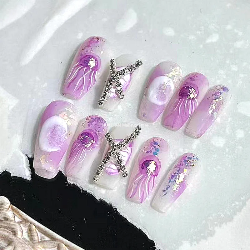 

Hand Painted Rose Flower False Nails Tips Glittery Rhinestone Press On Nails Y2K Short Coffin Reusable Fake Nail With Glue Gift