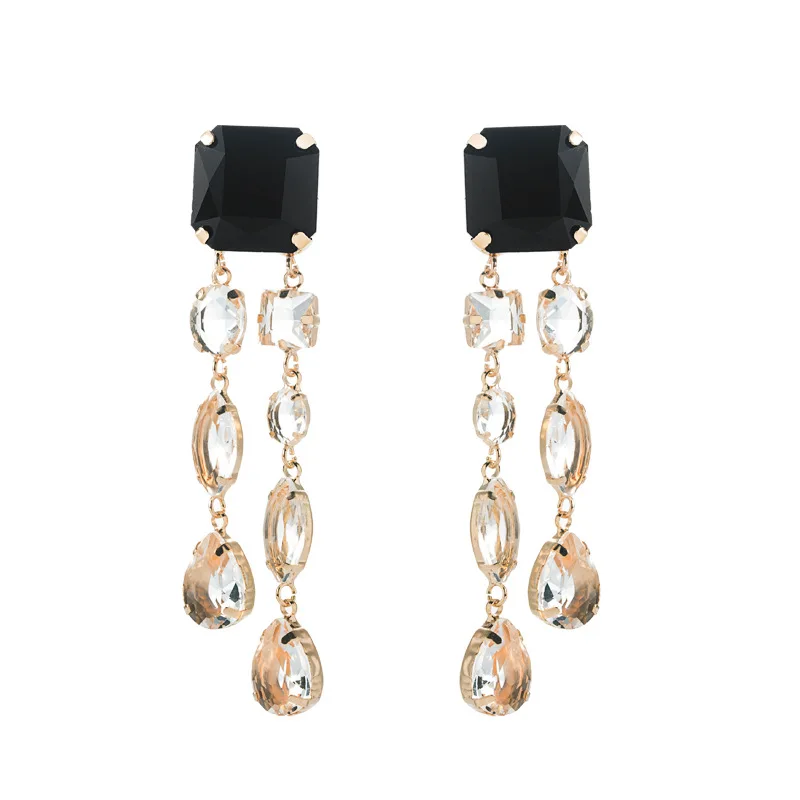 

LuxHoney Fashion Exaggerate Gold Plated Long Dangle Earring for Women OL with Vari-Shape Black Transparent Glass Crystal Inlaid