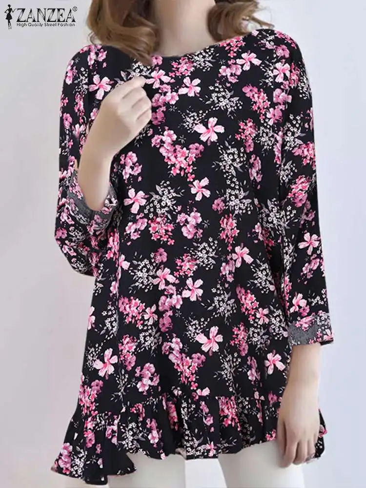 

ZANZEA Women Casual Floral Print Blosues 2023 Fashion Ruffled Hem Long Sleeve Tops Holiday Round Neck Blusas Bohemian Shirts