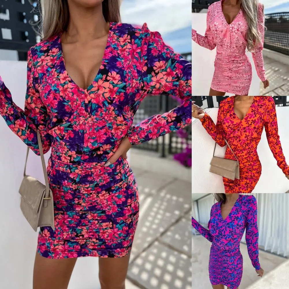 

Женское мини-платье с цветочным принтом, V-образным вырезом и длинным рукавом