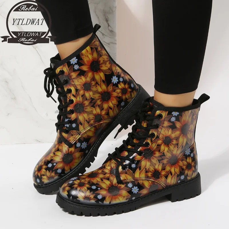 

2022 New Martin Boots Autumn/Winter Women's Fashion UK Women's Work Boots Sunflower Print High Top Boots Size 35-46