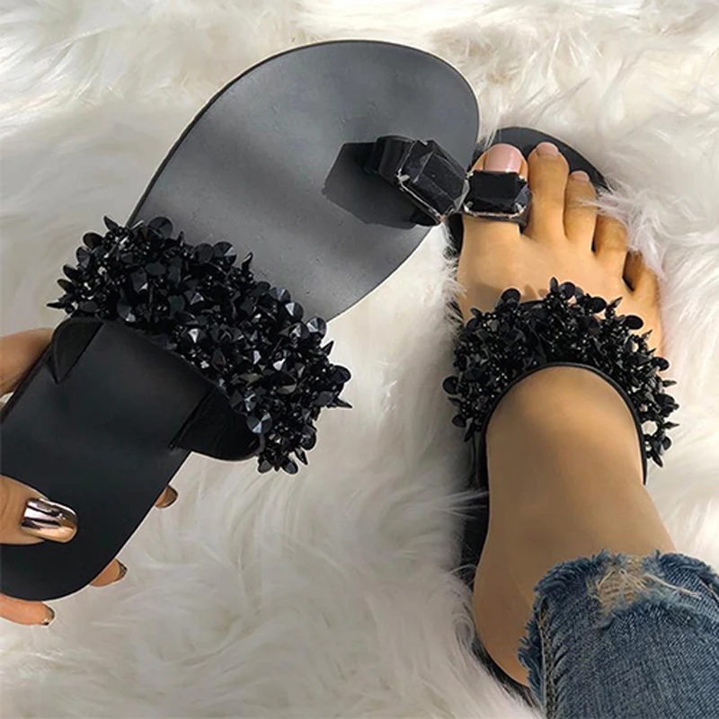 

Slippers Summer New Fashion Rhinestone Flat Large Size Sandals Comfortable Breathable Set Foot Casual Women Slippers 35-42