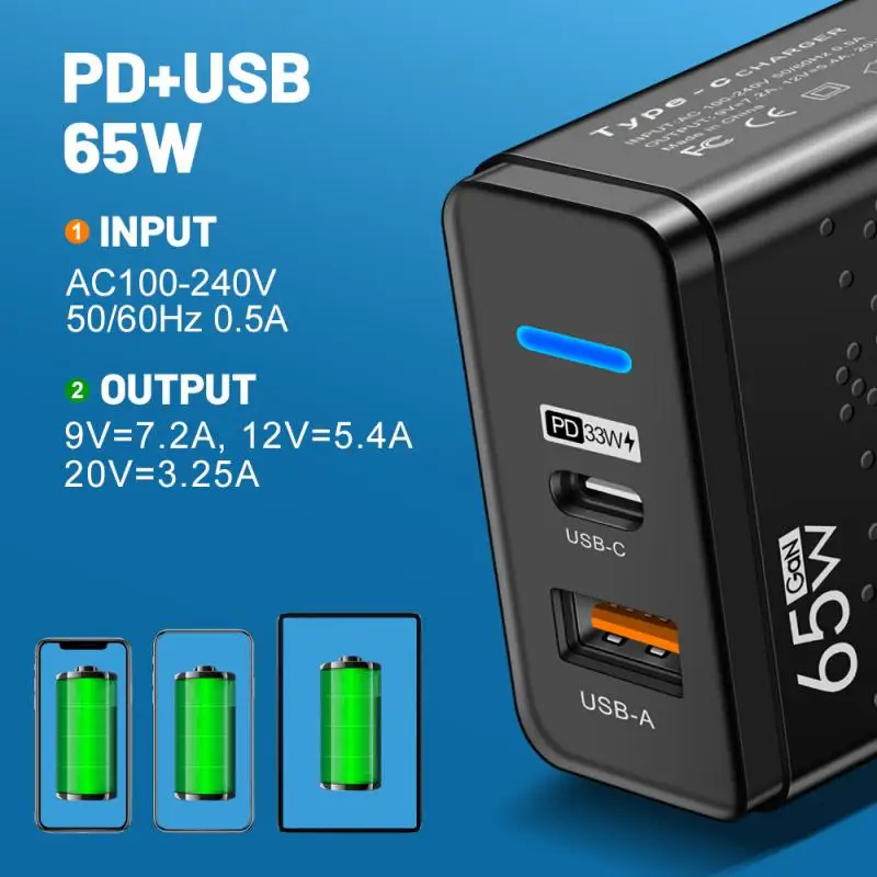 Фото Зарядное устройство Usb PD Type C, 65 Вт, для Samsung, Xiaomi, Huawei, кабель для быстрой зарядки типа C, адаптер для быстрой зарядки, 5 А, вилка для США, ЕС, Велик... №3