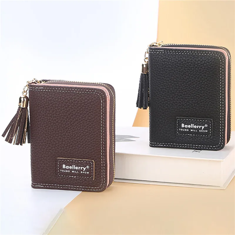 

Women Fashion Short Wallet Simple New Multi-card Slot Organ Mouth Card Bag Ladies Wallets Tassel Zipper Coin Purse Solid Color