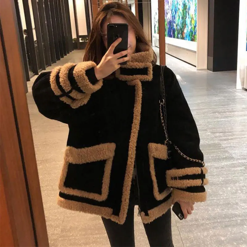 

Women's Oversize Coat Lamb Wool Winter Faux Fur Suede Bomber Jacket Thick Warm Teddy Ladies Loose Outwear Tops Streetwear