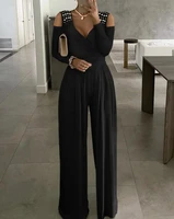 elegant office lady wide leg jumpsuit 2022 summer sexy deep v neck beaded decor cold shoulder jumpsuits fashion casual black