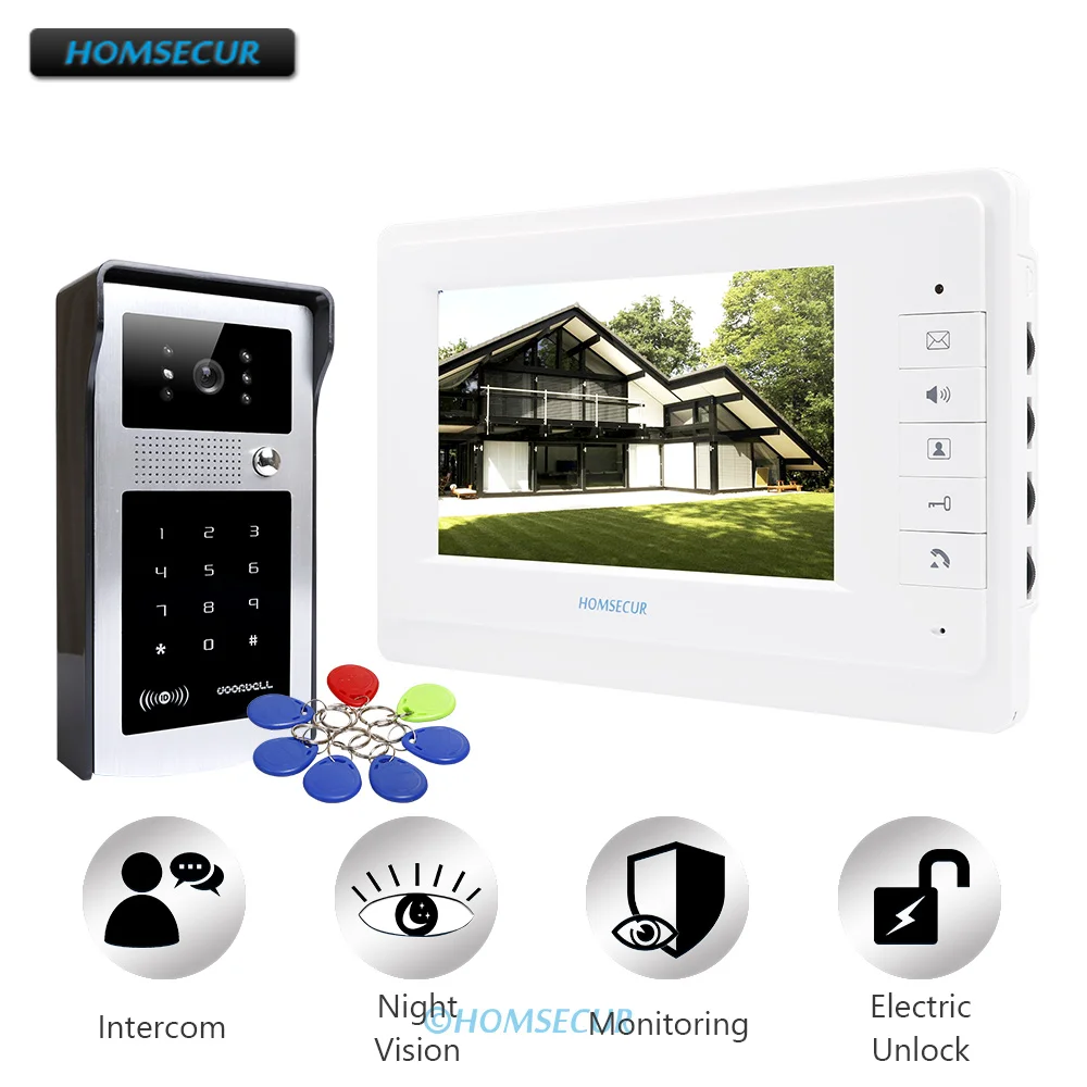 HOMSECUR 4-проводная 7-дюймовая видеодомофонная система громкой связи с брелоками