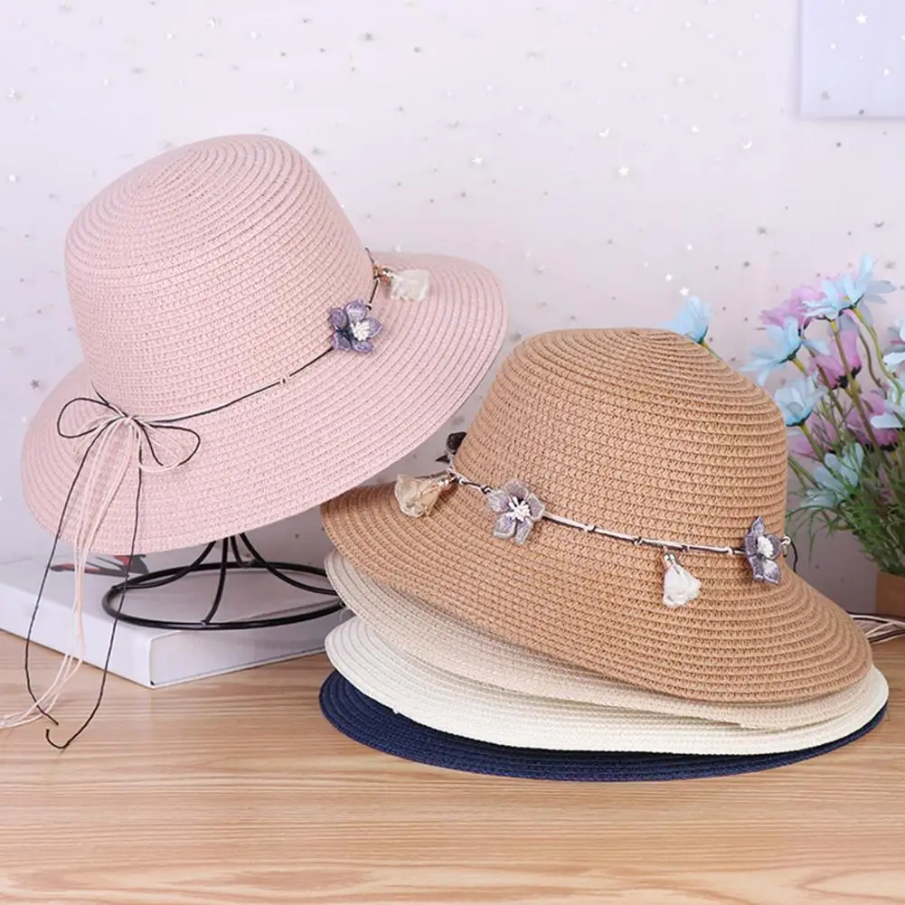 

Women Straw Hat Flower Decor Strap Round Solid Color Wide Brim Sunscreen Breathable Korean Outdoor Travel Lady Fisherman Hat Hea