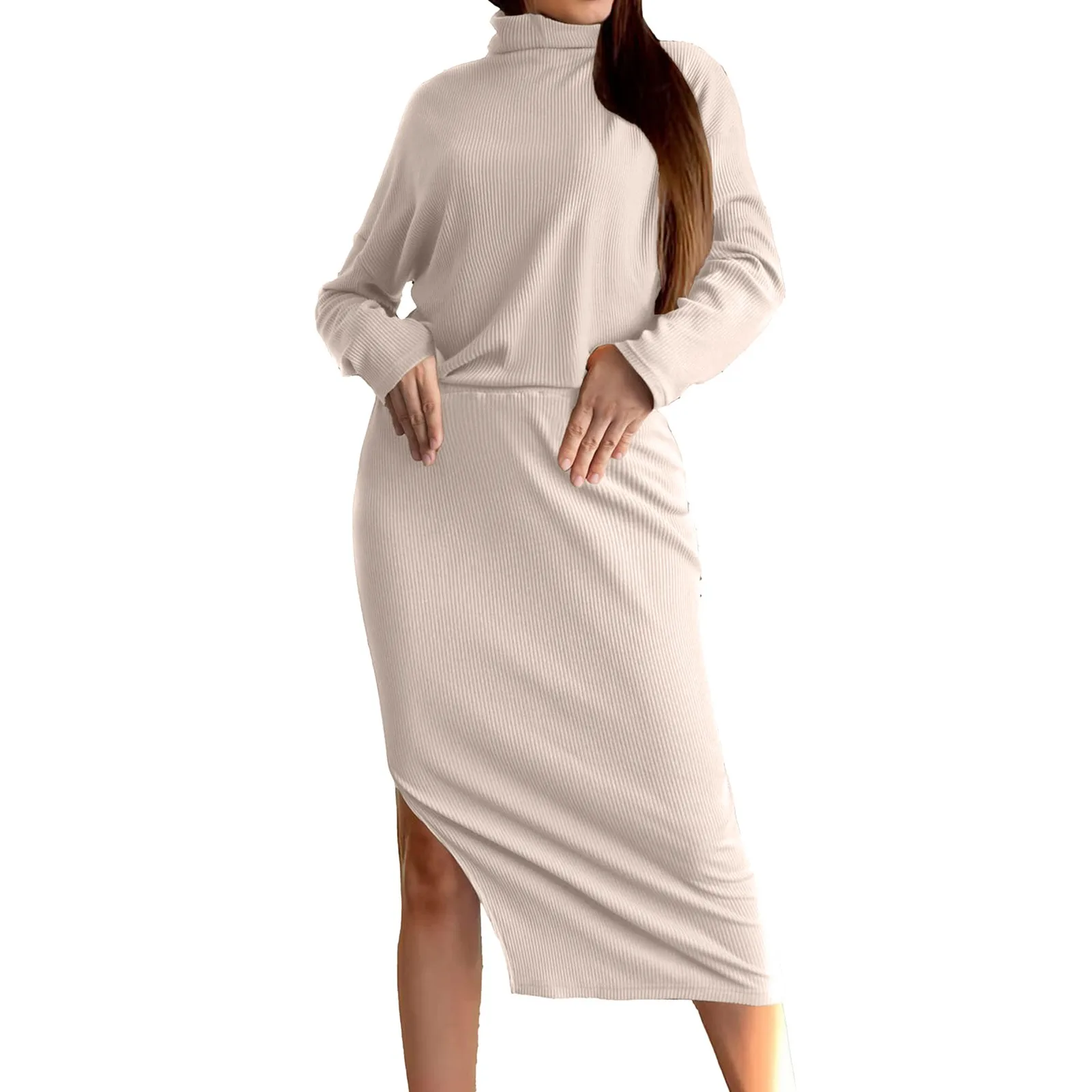 

Womens 2 Piece Set Long Sleeve Turtleneck Knitted Ribbed Midi Skirt Set For Autumn Women Dress Skirts Work Maxi Tops with Slits