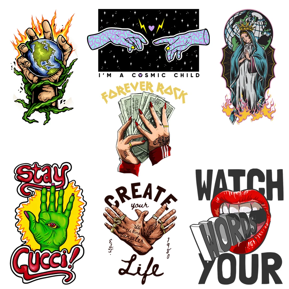 

Virgin Mary The Palm Stripes Iron On Patches Heat Transfer Stickers Appliques Transfer Fusible Clothing Custom Patch Tops