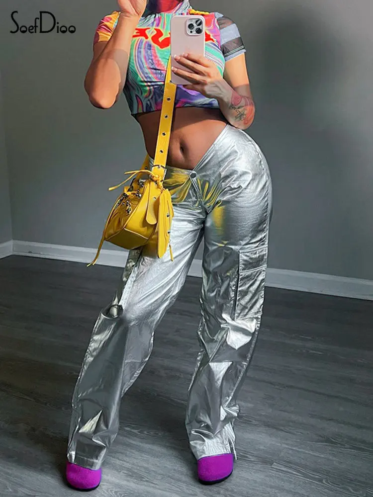 

Soefdioo Fashion High Waist Straight Pants Women Clothing Spring 2023 Shiny Silver PU Leather Trousers Female Bottoms Streetwear