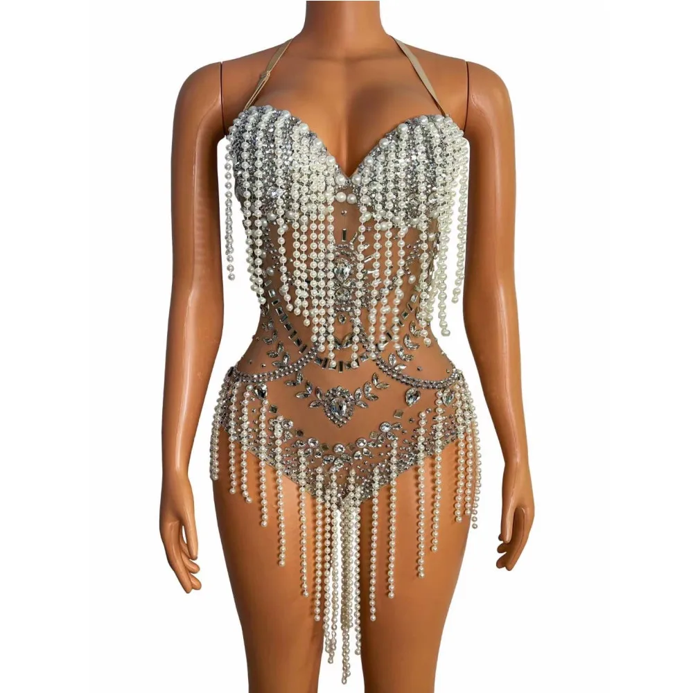 

Halter Backless Shining Rhinestones Pearls Beading Sexy Bodysuits For Women Nightclub Party Clothing Pole Prom Stage Costume