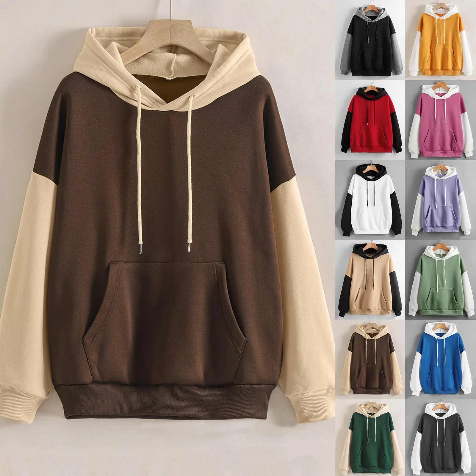 

Womens Casual Strap Blouse Long Sleeve Splice Hooded Sweatshirt Tops Fleece Pullover Jacket Fashion Women Casual