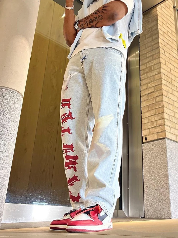 Printed Baggy Jeans For Men Vintage Light Blue Loose Fit Vaqueros Y2K Hombre Fashion Casual Distressed Wash Straight Denim Pants