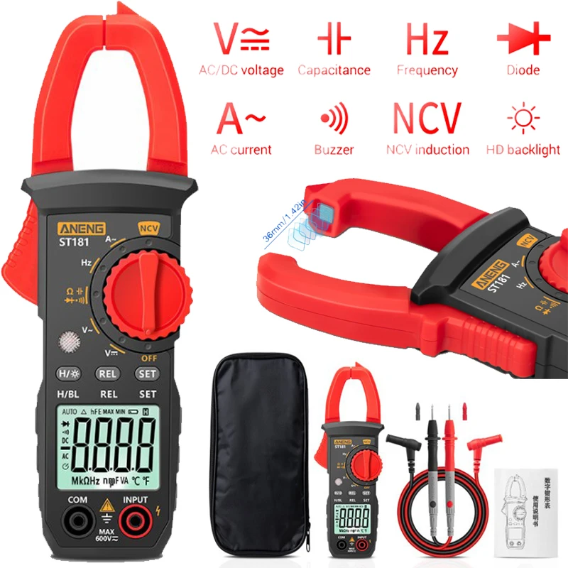 

ANENG ST181 Digital Clamp Meter DC/AC Current 4000 Counts Multimeter Ammeter Voltage Tester Car Amp Hz Capacitance NCV Ohm Test