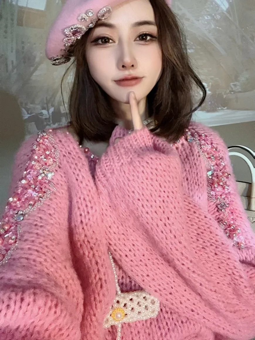 

French minority heavy industry beaded sequins wool knitwear women's new loose long sleeved sweater coat in autumn and winter