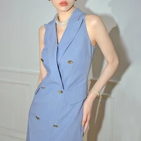 2022 summer blue sleeveless suit skirt new womens clothing waist slimming temperament double breasted dress