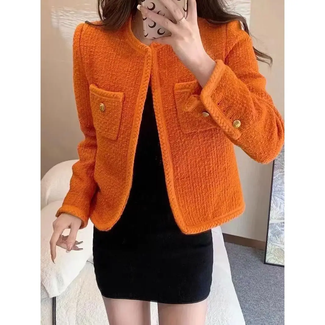 

Korean Jacket Women O-neck Long Sleeve 2023 New Autumn Winter Vintage Outwear Fashion Female Casual Warm Tweed Coat Tops A23