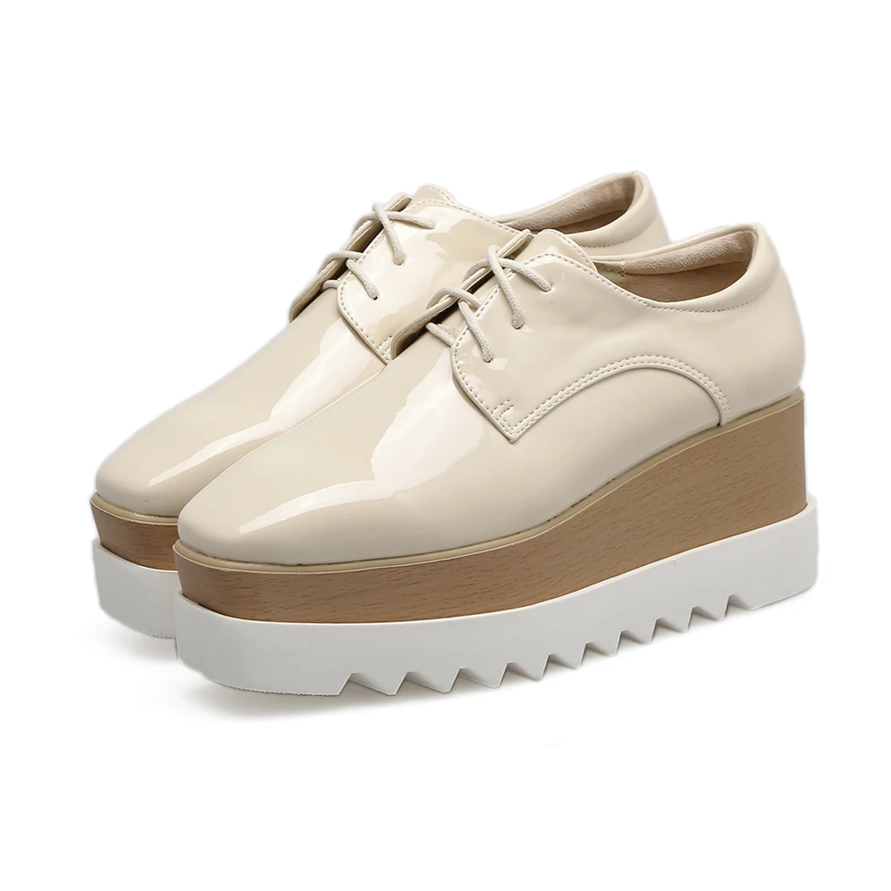 In The Spring And Autumn Of 2023, The New Patent Leather Square Head Lace-Up With Thick Bottom Increased Casual Shoes For Women.
