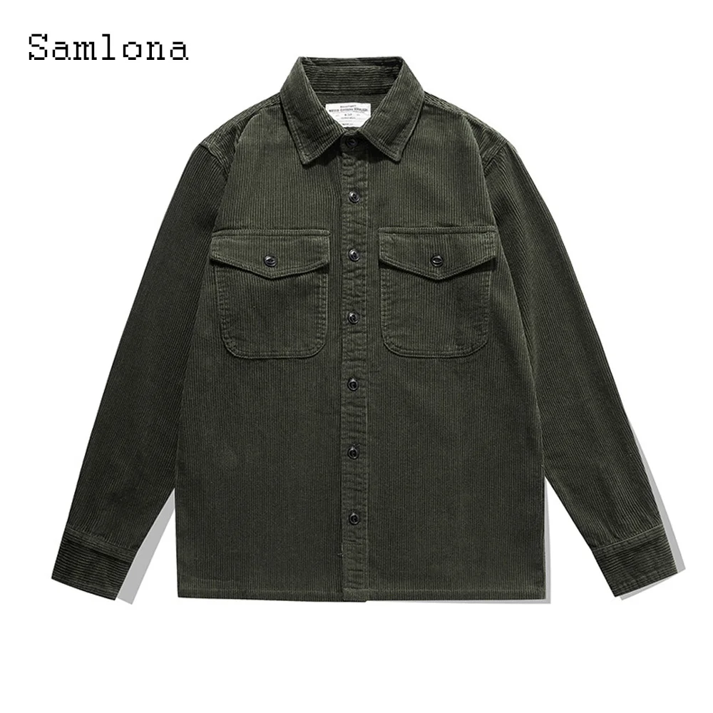

Samlona 2023 New Spring Men Fashion Ruched Stripe Jackets Men's Moto & Biker Corduroy Jacket Sexy Pocket Design Jeans Outerwear