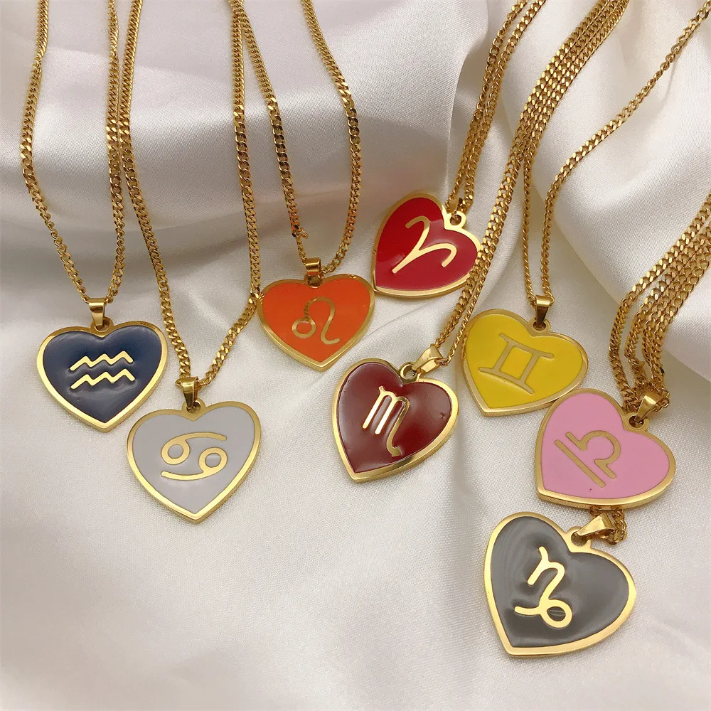 

Ins Cute Heart Necklace for 12 Zodiac Signs Fantasy Star 12 Constellation Chain Personality Handmade Horoscope Pendant Gifts