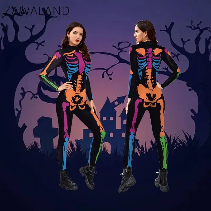 

Костюм на Хэллоуин Zawaland, комбинезон из спандекса с принтом черепа, костюм для вечеринки с длинным рукавом, костюм для косплея, комбинезон, ко...
