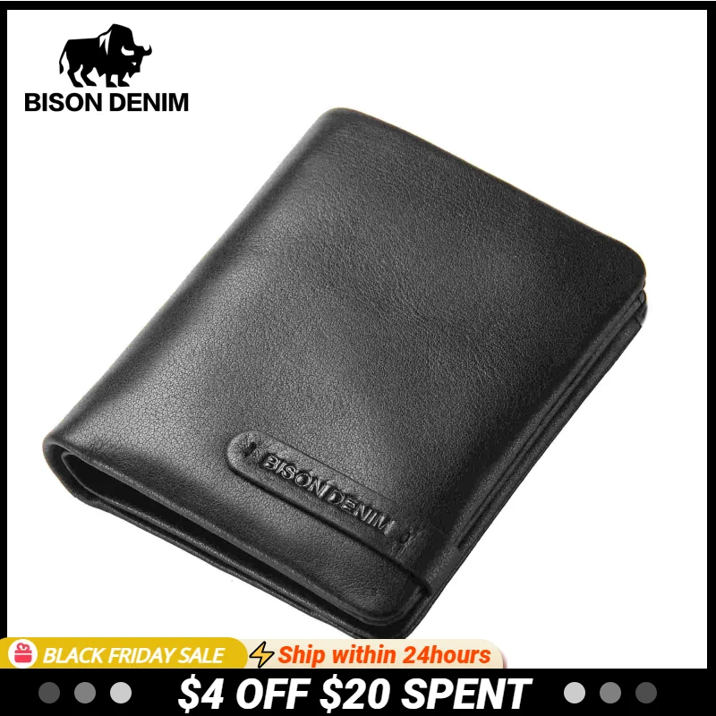 

BISON DENIM Super Soft Genuine Leather Men Wallet Brand Luxury RFID Business Card Holder Coin Pocket Purse Best Gift For Men