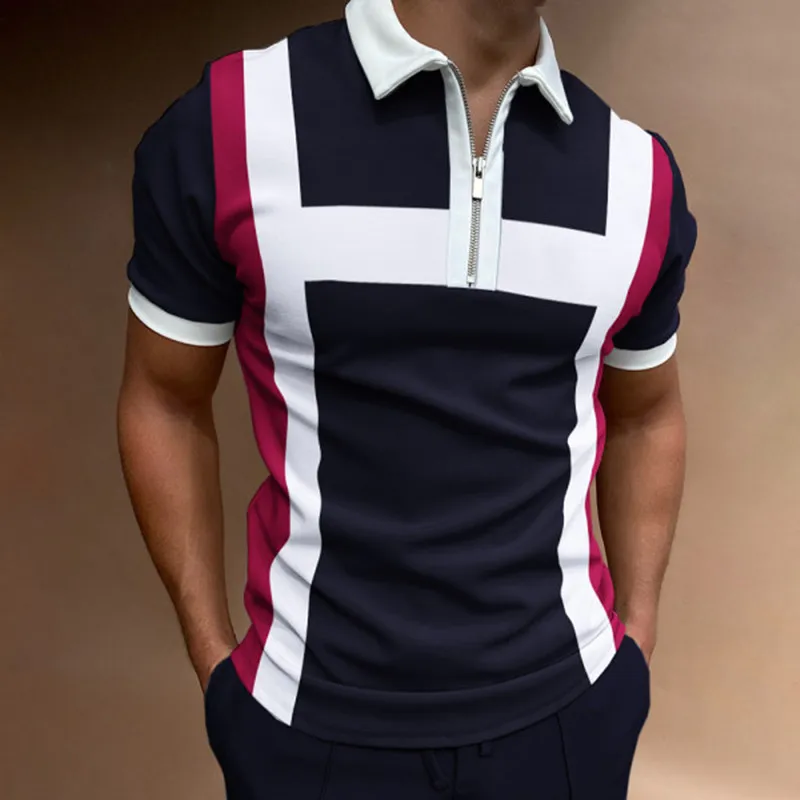 

Fashion multi-colored striped patchwork casual lapel zipper summer elite men's short-sleeved slim breathable daily work Polo shi