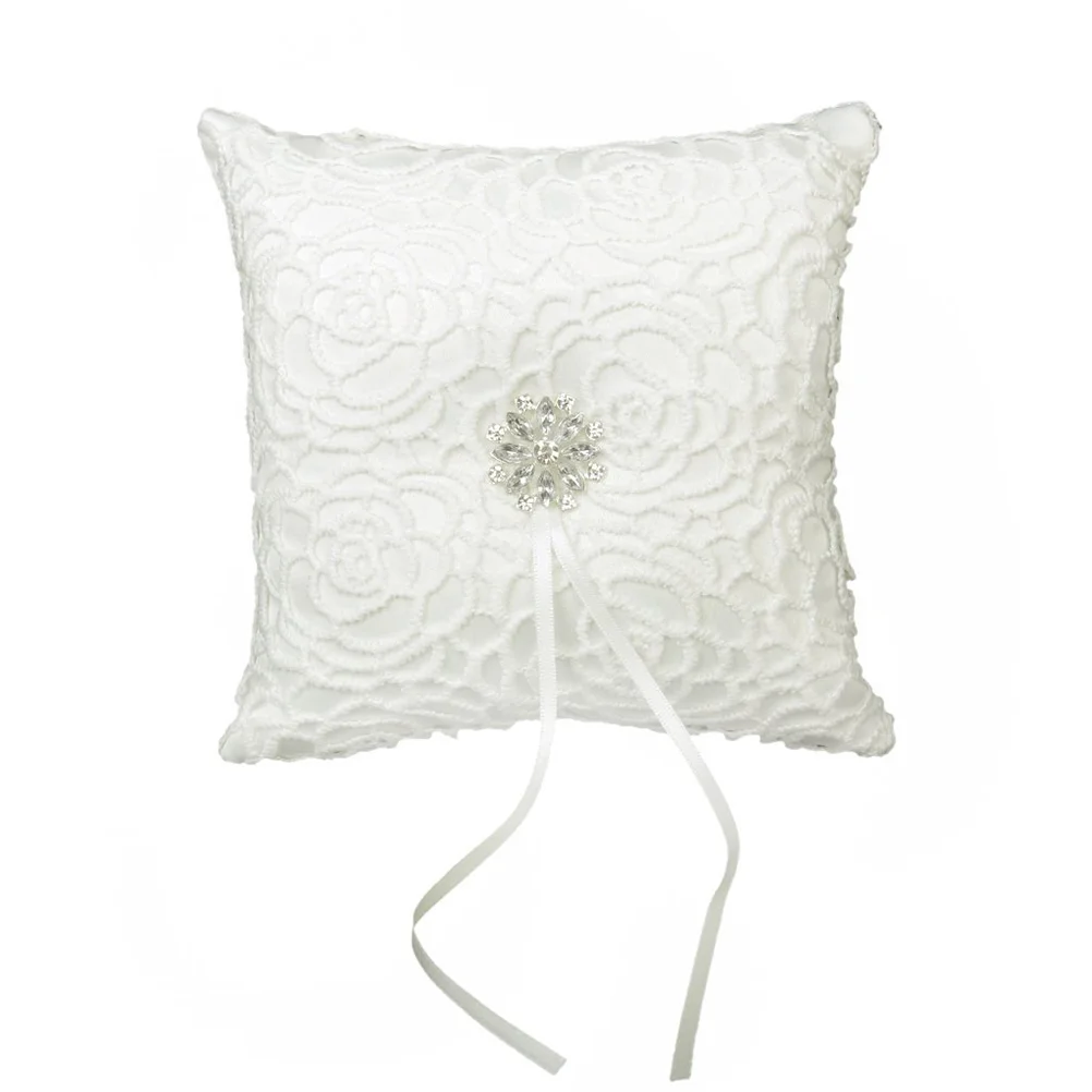

Ring Pillow Wedding Bearer Floral Cushionparty White Lace Crystal Rose Box Holder