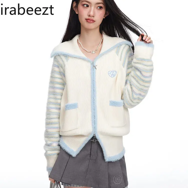 Модный дизайн синие и белые полоски вязаное платье на молнии женское милое