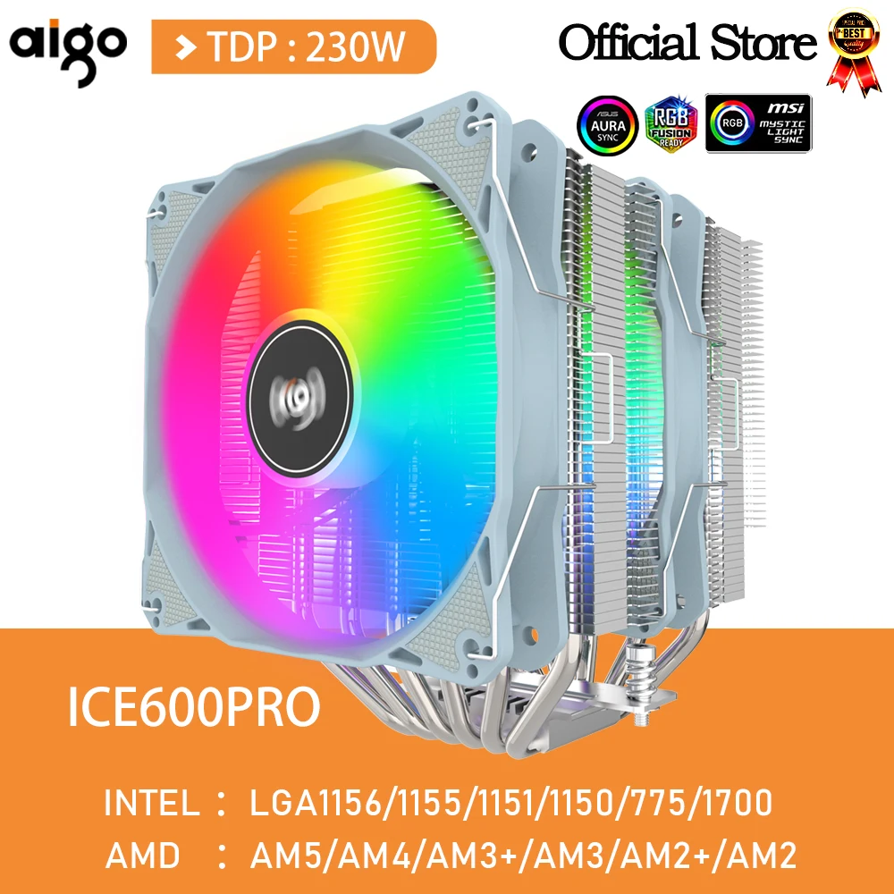 

Aigo 6 Heat Pipes CPU Cooler 4 Pin PWM ARGB PC Quiet 120MM CPU Cooling Fan Ventilador Intel LGA 1700 1200 1150 1151 AMD AM4 AM5