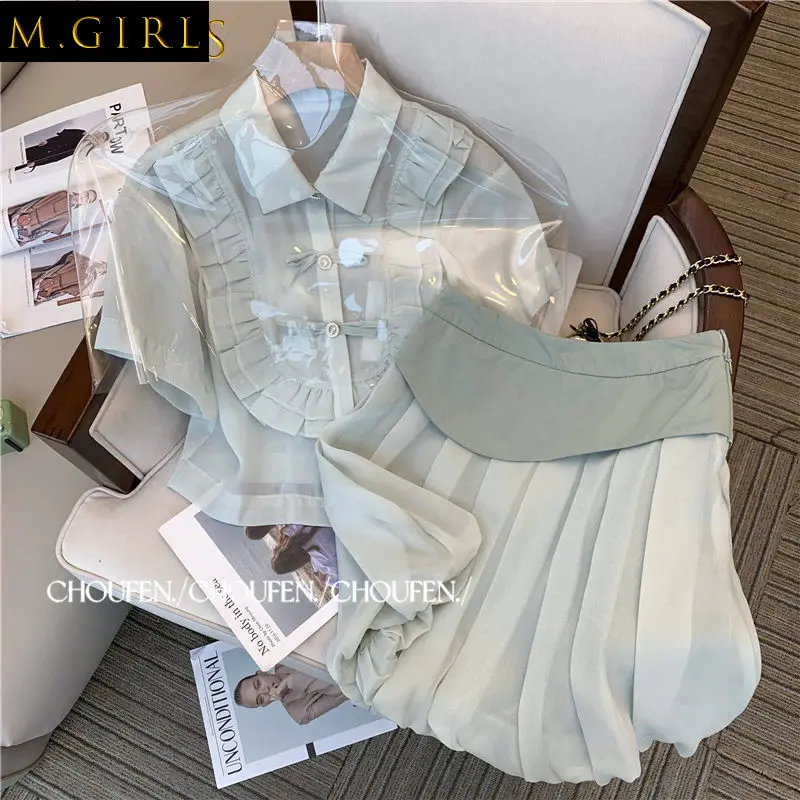 

Korean Chic Summer Chiffon Shirts Women Short Sleeve Blouse Top Knee Pleated Skirt Sets Two Outfits Elegant
