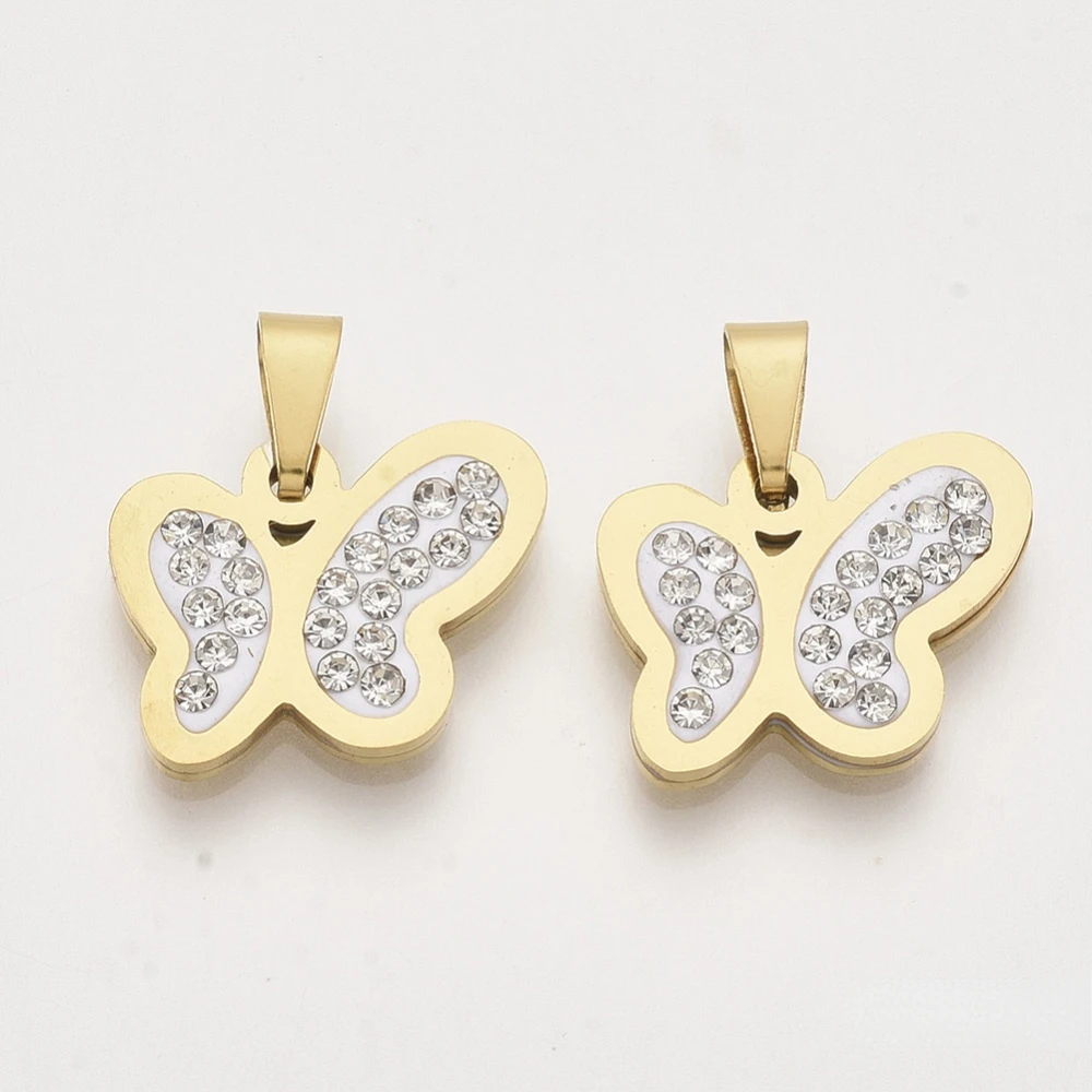 

1PC 201 Stainless Steel Pendants with Random Size Snap On Bails and Polymer Clay Crystal Rhinestones Gold Plated Butterfly