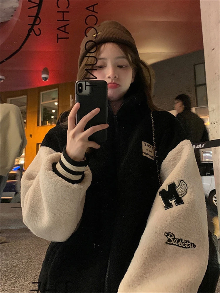Autumn and Winter Small Casual Baseball Uniform Outerwear Women Lamb Wool Fleece-lined Thickened Idle Sle Loose All-Match C...