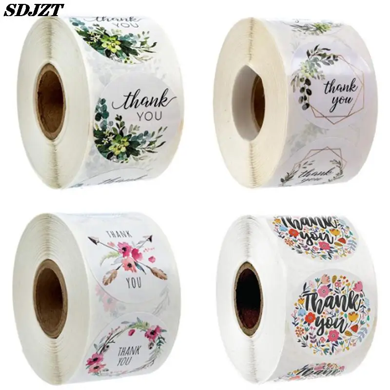 

500pcs/roll round floral thank you stickers scrapbooking for package seal labels custom sticker decoration wedding sticker