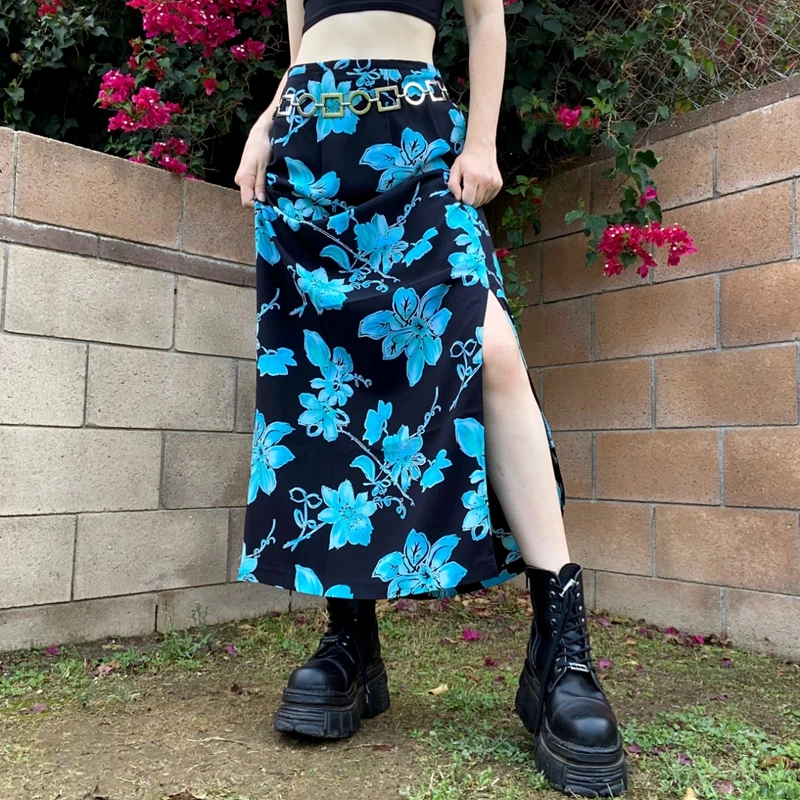 

Y2K Vintage High Waist Side Split Straigt Skirt Sweet Aesthetic Floral Print Long Skirts Women Summer Retro Holiday Streetwear