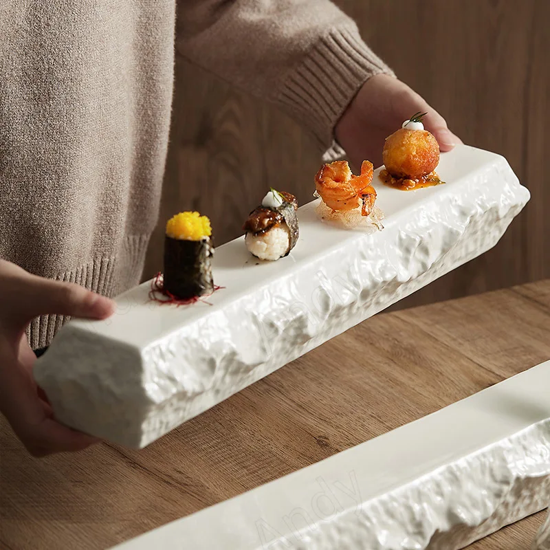 

Modern Ceramic Plate Simple Rectangular Restaurant Sashimi Sushi Plates Stone Rock Texture Living Room Desktop Dessert Dishes