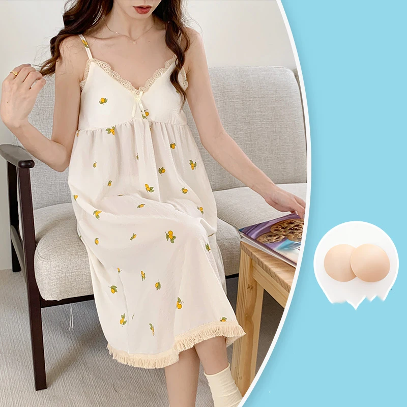 Suspender Women's Nightdress Summer Thin Pure Cotton With Chest Pad Lace Edge Large Size Home Clothes Nightdress Free Shipping
