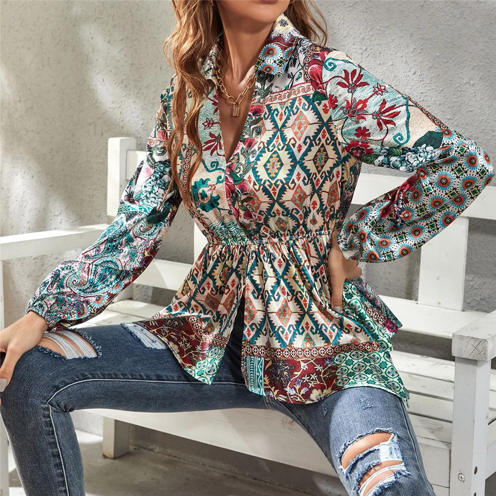 

Women Blouse Irregular V Neck Long Sleeve Printed Shirt Sicilian Fashion Elegant 2022 Summer New Ladies Top Western Style