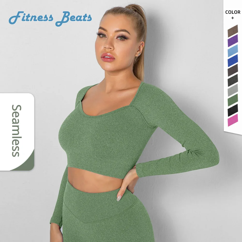 

Yoga Top Fitness Breathable Quick Dry Moisture Wicking Sports Elasticity Shockproof Gathering Seamless Pleated Lady Long Sleeved