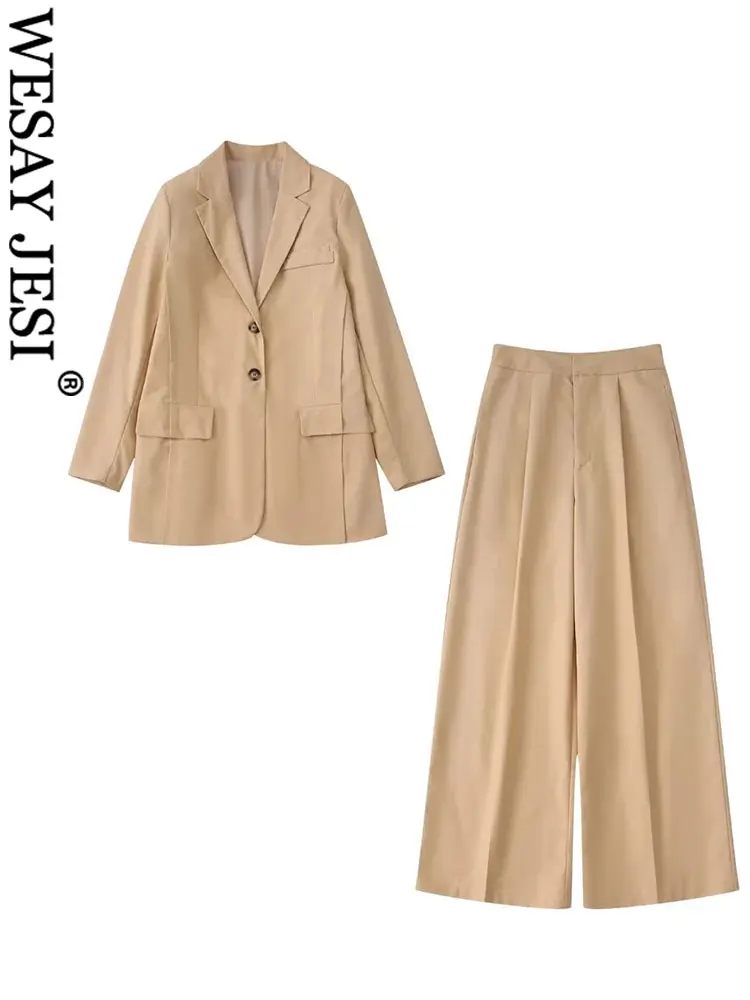 

WESAY JESI Long Loose Casual Top Jacket Wide Leg Pants Women's Clothing Khaki Solid Color Daily Commuter Office Lady Formal Suit