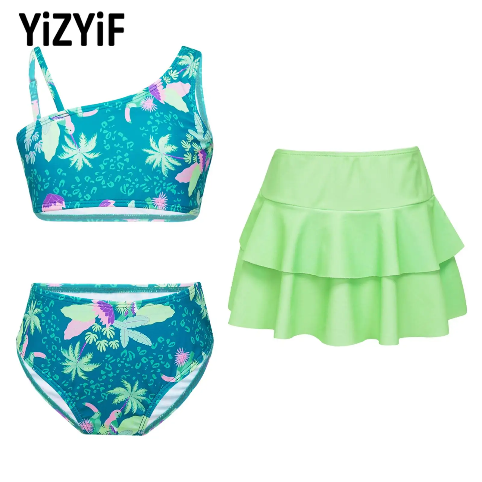 

Cute Print Girls Swimsuit Beach Swimming Set Kids One Shoulder Two Pieces Bikini Set 5-12 Years Children's Bathing Suit Swimwear