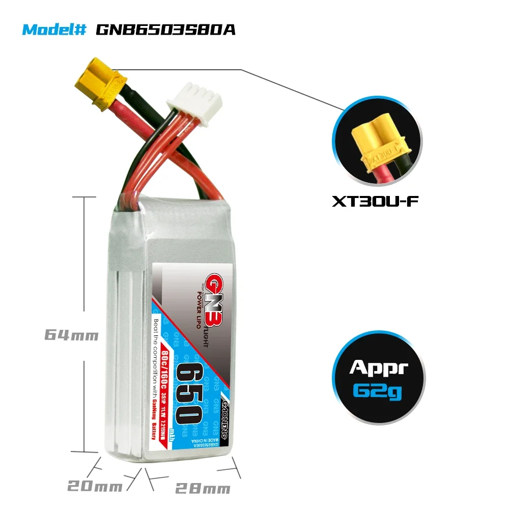 Gaoneng GNB 3S 11.1V 650mAh 80C Lipo JST