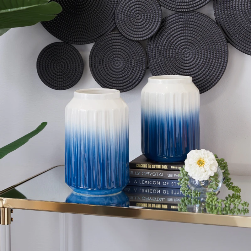 

11", 9"H Handmade Ombre Blue Ceramic Vase, Set of 2