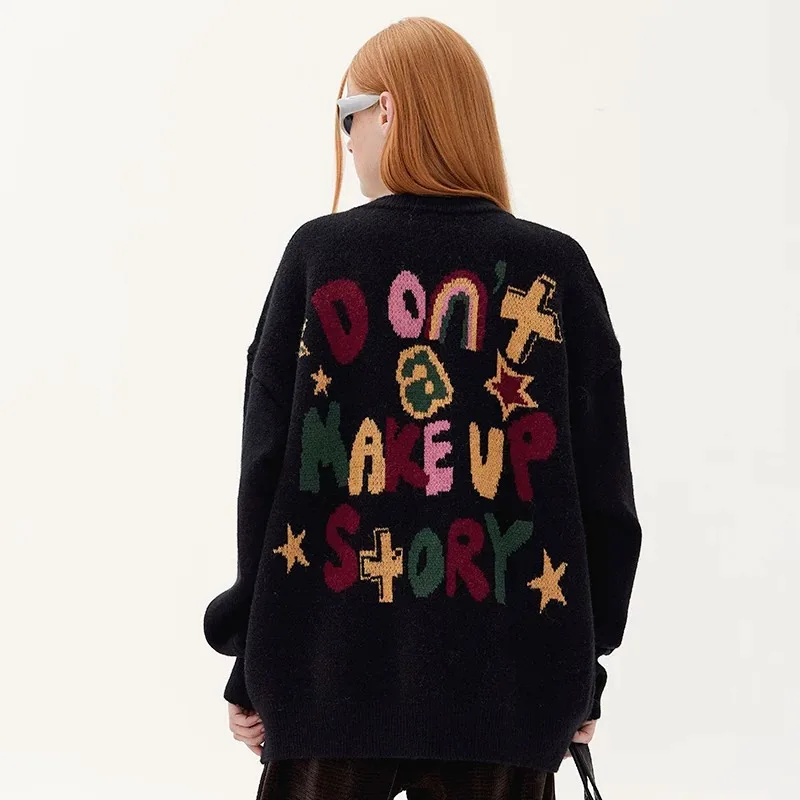 

Мужской свитер в стиле хип-хоп, повседневный свободный трикотажный пуловер с разноцветными буквами и звездочками, одежда для улицы, y2k, 2023
