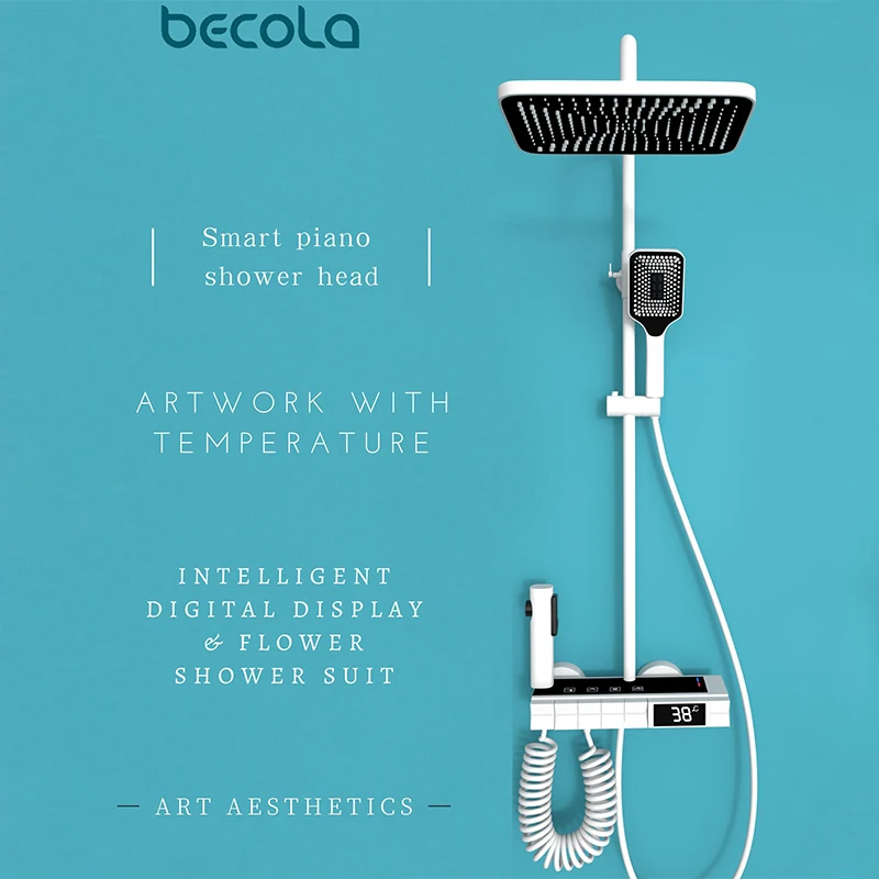 

Высококачественный душевой набор для ванной комнаты Becole, Многофункциональная кнопка пианино, интеллектуальный цифровой дисплей, белый, черный, полностью медный корпус
